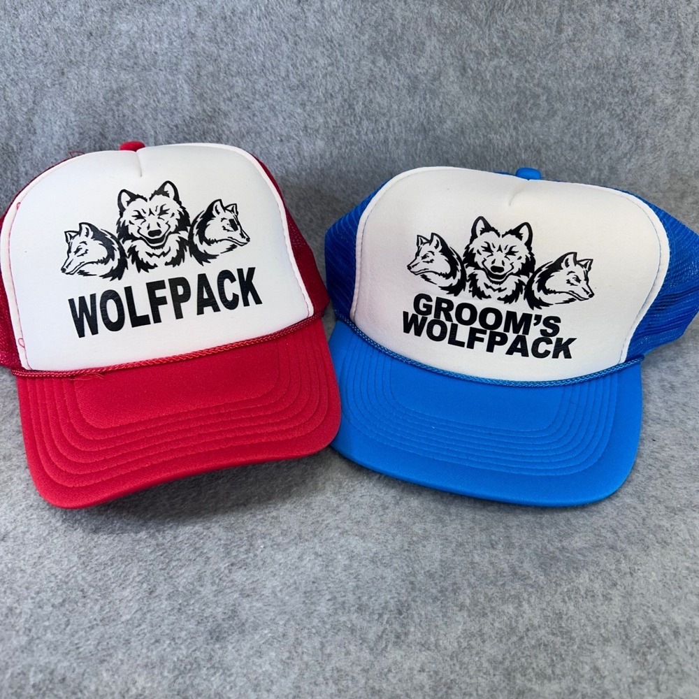 Wolfpack Groom's Trucker Hat 2 pack bachelor Red Blue Snapback Mesh Cap Otto